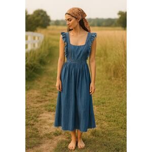 Silence + Noise Denim Jean Apron Midi Dress Fringe Boho Cottagecore XS Cotton